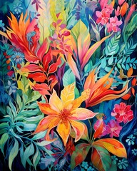 Lively botanical tapestry, rich colors, watercolor floral depth ,  high resolution