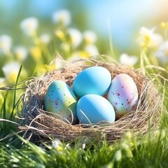 Obraz premium Nest with easter eggs in grass on a sunny spring day - Easter decoration, banner, panorama, background invitation card blue sky daisies 