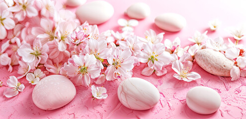 Obraz na płótnie Canvas Spring Blooming Wellness Pink background. Cherry Blossoms & Spa Stones Create Tranquil Self-Care Ritual. Holistic Wellness Trend