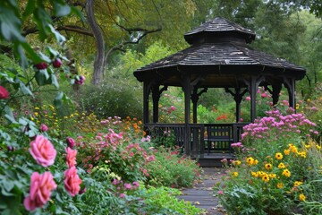 Fototapeta premium A gazebo nestled amidst a vibrant array of flowers and towering trees in a picturesque setting, An enchanting gazebo surrounded by an English garden in full bloom, AI Generated