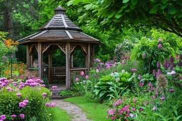 A wooden gazebo sits in a vibrant garden filled with flowers and trees, providing a peaceful spot to enjoy nature, An enchanting gazebo surrounded by an English garden in full bloom, AI Generated