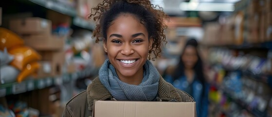 Joyful Volunteer Sharing Happiness at Thrift Store. Concept Community Service, Volunteering, Giving Back, Thrift Store, Happiness Sharing