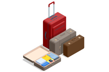 Isometric luggage or baggage for travel and transport concept design. Travel bags, suitcase set