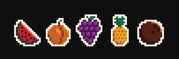 Retro pixel art food isolated icons with 8bit pixel fruits and vegetables. Vintage 8 bit console game asset, computer arcade vector items set with berries and exotic fruits - 788197986