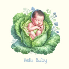 Watercolor baby found in cabbage patch. Funny explanation where babies come from.