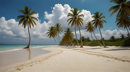 Beautiful tropical beach banner. White sand and coco palms travel tourism wide panorama background concept. Amazing beach landscape, Generative.AI