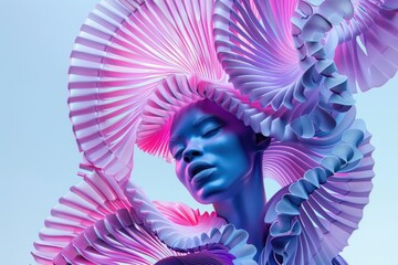 Extravagant Woman with Colorful Paper Headdress and Unconventional Hairstyle - obrazy, fototapety, plakaty