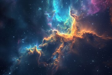 A vibrant space scene with stars and clouds illuminating the sky, An ethereal nebula designed with fluorescent colors, AI Generated