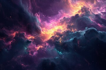 A vibrant sky illuminated by an array of colors, showcasing billowing clouds and a multitude of stars, An ethereal nebula designed with fluorescent colors, AI Generated