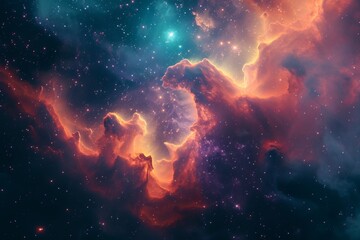 The photo shows a vibrant space filled with stars and clouds, creating a stunning celestial scene, An ethereal nebula designed with fluorescent colors, AI Generated - obrazy, fototapety, plakaty