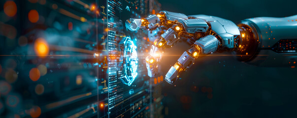 Futuristic AI Robot Hands Analyzing Big Data on Global Network - Machine Learning Advances Impacting Human Life and Business - obrazy, fototapety, plakaty