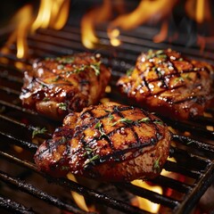 Grilled Chicken thighs, legs, with Savory Herbs, Juicy BBQ, Charred Glaze, Summer Grilling