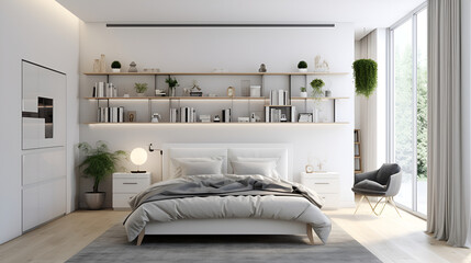 Cozy bright bedroom with indoor plants. Home interior design ,Modern style bedroom interior warm and cozy with wooden decoration, Cozy beige tone stylish, furniture, comfortable bed, Minimal decor