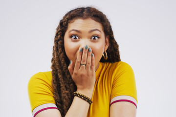 Studio, omg and black woman in portrait with face, shock or mind blown with good news. Happy, female person and surprise reaction for announcement, lottery or competition prize on white background