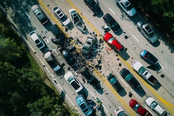 Bird's-eye view capturing the immediate aftermath of a highway multi-car collision, emphasizing traffic safety - obrazy, fototapety, plakaty