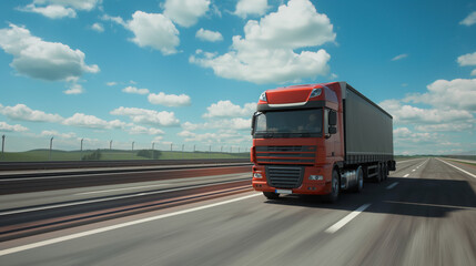 A European truck in motion on a sunny day with fluffy clouds sky background, on a modern highway