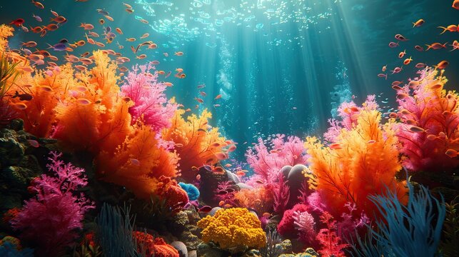 Underwater world transformed into a fluorescent coral reef bursting with neon colors