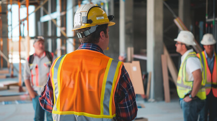 Focused Construction Worker Overseeing Site, Industrial Environment with Team in Background