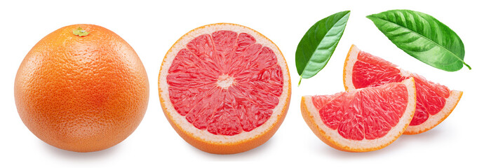 Collection of red grapefruit, grapefruit slices and leaves on white background. File contains clipping paths. - obrazy, fototapety, plakaty