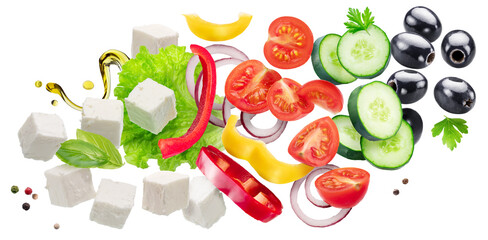 Greek salad ingredients levitating in air. Horizontal file contains clipping paths.