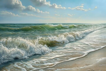 Painting of a Beach With Waves Rolling In, An idyllic painting of gentle ocean waves lapping at the shore, AI Generated