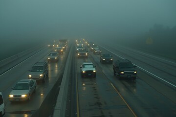 Vehicles Navigating a Foggy Highway, Signifying the Challenges of Poor Weather Driving Conditions