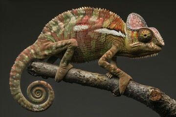Naklejka premium Chameleon perched on a branch, facing away from the camera in its natural habitat