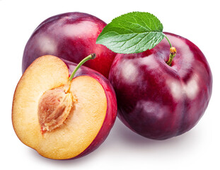 Ripe chinese plum or japanese plum on white background. Clipping path.