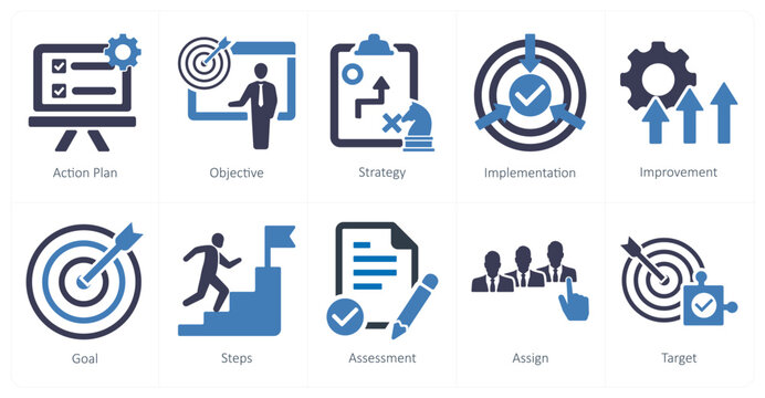 A set of 10 action plan icons as action plan, objective, strategy