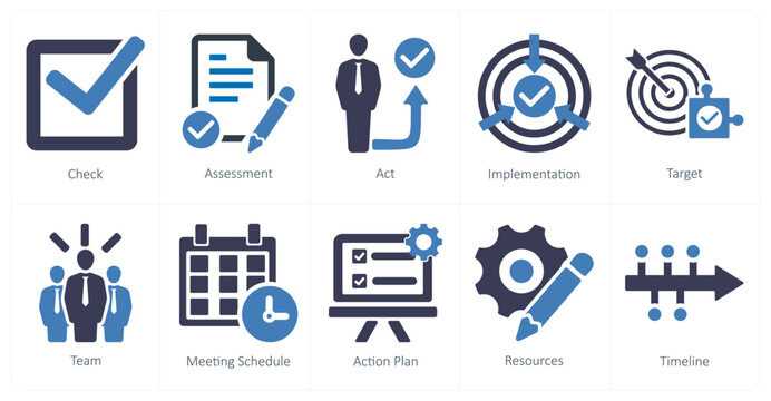 A set of 10 action plan icons as check, assesment, act