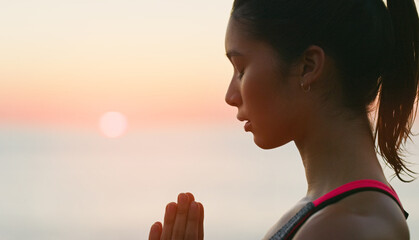 Woman, sunset and yoga meditation for spiritual balance, healthcare or wellness in outdoor. Prayer...