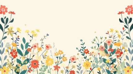 Fototapeta na wymiar Floral patterns around edges. Beautiful background with delicate plants blooming at edges on white backdrop. Horizontal border with pastel spring summer flowers