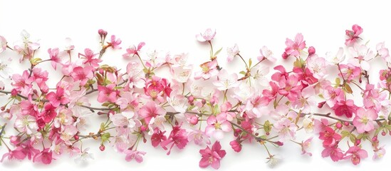 Cherry blossoms create a dreamy natural border in a studio setting against a clean white background in panoramic format.