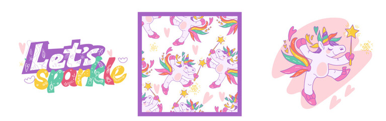 Unicorn themed set with seamless pattern, lettering and unicorn character, cartoon kawaii style vector illustration. Prints design kit with unicorn.