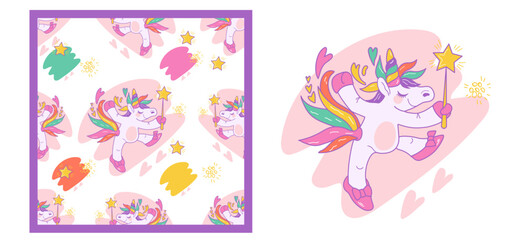 Magical unicorn themed set with seamless pattern and unicorn character, cartoon kawaii style vector illustration.