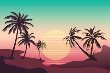 Fototapeta na wymiar Palm tree concept illustration Free vector Woman seeing the summer landscape in her hair evening beach at