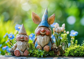 Charming Wooden Gnome Figurines in Spring Garden Scene with Blooming Flowers