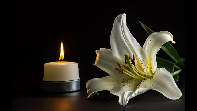 A candle is lit next to a white flower