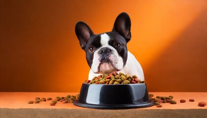 A French bulldog breed dog with dry dog ​​food on orange studio background.
 - obrazy, fototapety, plakaty
