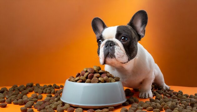 A French bulldog breed dog with dry dog ​​food on orange studio background.
