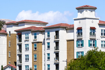 Exterior view of multifamily residential building; San Jose, South San Francisco bay area,...