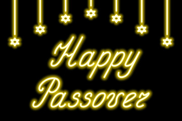 Happy Passover. Gold neon lettering. Garland of shining stars of David. Color vector illustration. Black background. Congratulations on Jewish Passover. Glowing holiday text. Idea for web design.