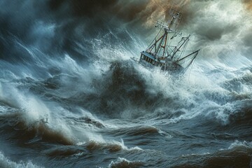 This photo depicts a painting of a boat struggling against the powerful waves of a stormy sea, An intense storm battering a stoic fishing ship on a raging sea, AI Generated