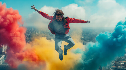 A handsome man is jumping in the air, with colorful smoke behind him, in front of a city background, wide angle