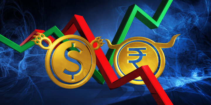 bullish inr to bearish usd currency. foreign exchange market 3d illustration of indian rupee to united states dollar. money represented  as golden coins