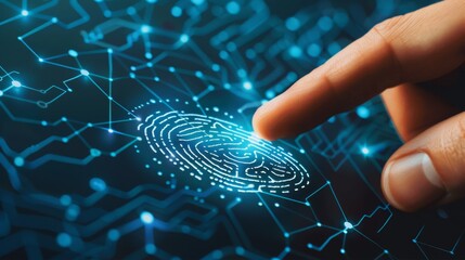 Human Finger Interacting with Advanced Digital Interface of Fingerprint Recognition System, Concept of Biometric Security, Technology, and Identity Verification - obrazy, fototapety, plakaty