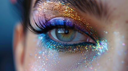 a close-up of eye makeup featuring outrageous combinations of electric blue, acid green, and neon purple