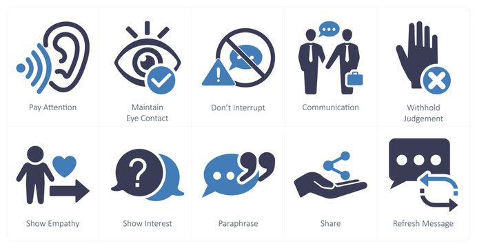A set of 10 active listening icons as pay attention, maintain eye contact, dont interrupt
