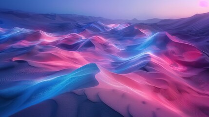 Desert landscape with rolling sand dunes transformed into swirling waves of neon pink and electric blue sand - obrazy, fototapety, plakaty