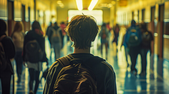 A high school student walking down the hallway of his university, seen from behind with students in background, The Issue Of Bullying